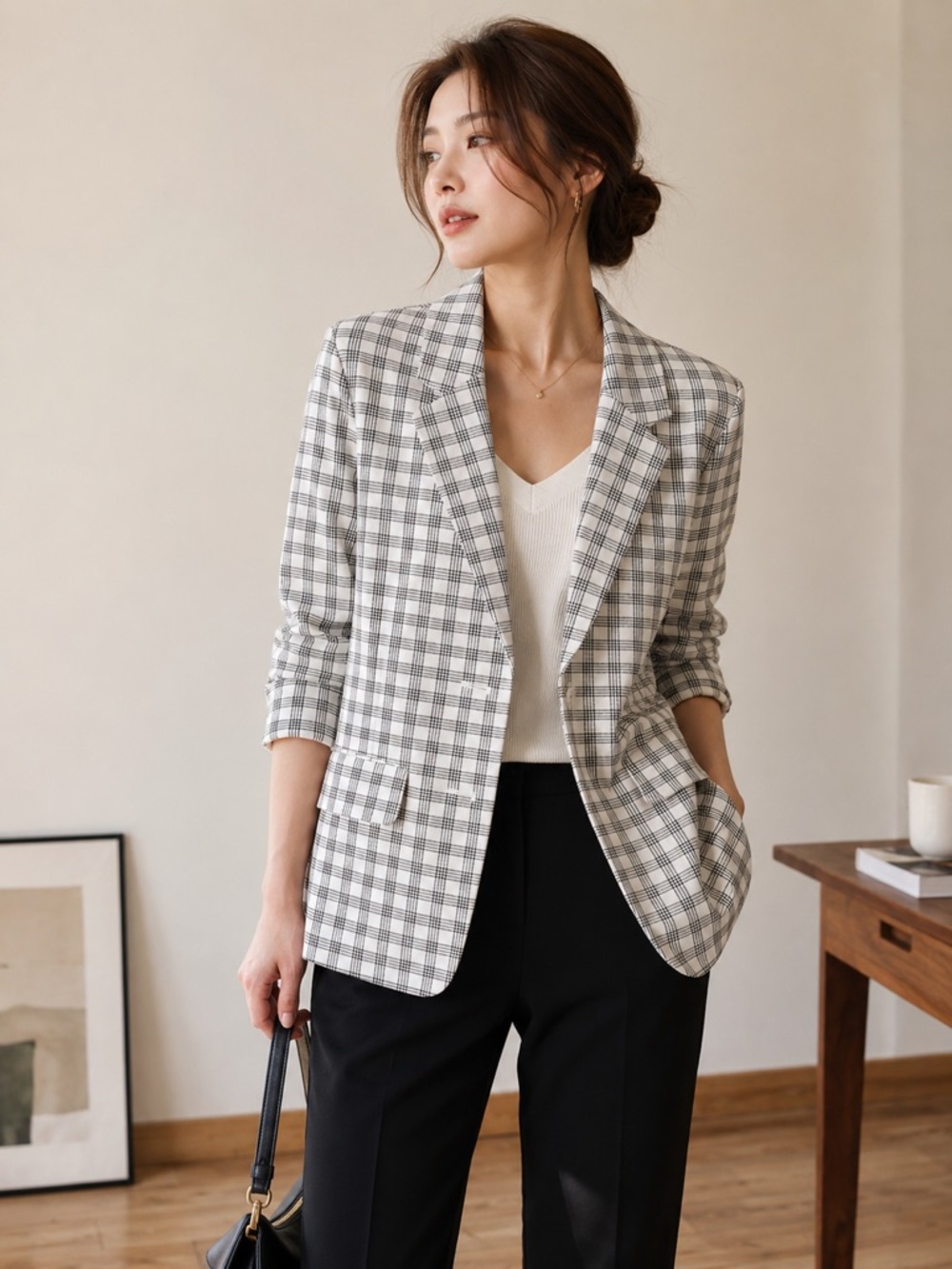 Liverpool PLAID BOYFRIEND BLAZER in BLACK/ IVORY PLAID       |XS|